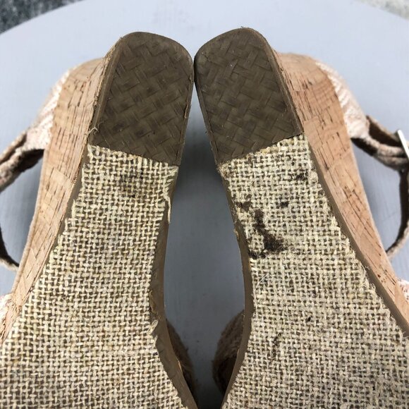 TOMS Womens 7.5 Sienna Tan Woven Diamond Pattern Cork High Heel Wedge Sandals - Picture 11 of 13
